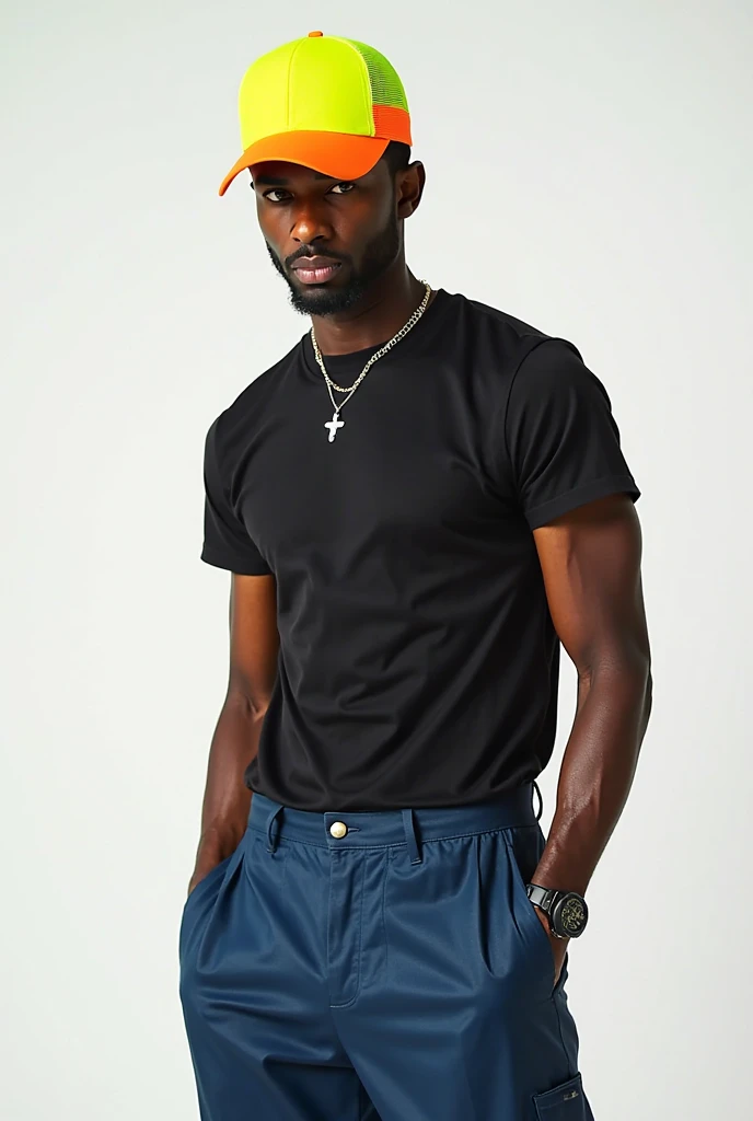 best qualityer:1.4), (ultra high resolution:1.2), (photorrealistic:1.4), (8k, CRU photo:1.2), 1 black man. eyes browns. Burst taper haircut. She's wearing a black crop top. Wide leg jeans. Standing in a photo studio with a white background. He has a tattoo on his left arm
