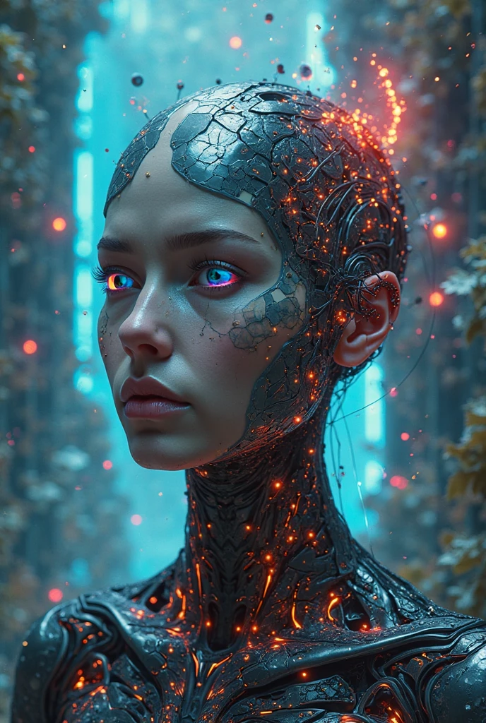 "Hyper-futuristic portrait of a transcendent human-Al hybrid, exploring the tension between autonomy and technological control.

Character Design:
• Anatomy: A genderless, androgynous figure with biomechanical augmentation-exposed graphene musculature, photon-emitting neural pathways, and skin textured with quantum lattice patterns (visible under electron microscopy).

• Expression: A gaze blending defiance and

vulnerability, symbolizing the struggle for identity in a post-human era. Eyes rendered as dual black holes (gravitational lensing effect) surrounded by Hawking radiation halos.

• Attire: Adaptive exoskeleton inspired by Byzantine mosaics and Tesla's Wardenclyffe Tower, glowing with plasma discharges.

Environment:
• Setting: A derelict quantum server farm overgrown with bioluminescent mycelium networks, where shattered holograms of historical dictators flicker in the background (Stalin, Nero, ChatGPT error logs).

• Lighting: Hard X-ray backlighting (synchrotron radiation) contrasting with soft Cherenkov glow from submerged reactor cores.

Symbolism & Themes:

• Core Idea: Critique of techno-authoritarianism -humanity's subjugation to opaque Al systems.

• Visual Metaphors:

Chains replaced by fiber-optic cables growing into the figure's spine (volumetric caustics).

• A cracked mirror reflecting both a human face and GPT-4's architecture diagram.
