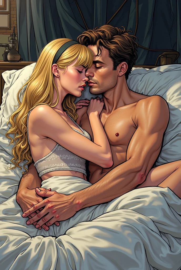 top view, bedroom with blue bed, room, dark atmosphere, (high-tech design), night, blue wall,  
a man lies with a girl in a bed,

 ((man) Adult Italian Mesomorph Muscular body perfect Olive skin short Muscular neck Rectangle faces broad Muscular shoulders Attached Cupped Ears, (man Low Forehead black short combed back hair) Fleshy nose Bold Tapered black Eyebrows High Angular Prominent Cheekbones Heart-Shaped Cheeks triangular Chin Angular jawline closed eyes Thin nude Lips Designer Stubble black whiskers triangular black hair beard,) 
((girl) adult [Nordic], Hourglass body perfect Olive skin Oval Face Long neck Rounded shoulders Attached Pointed ears round forehead, (girl Short blonde Waves pixie hair) snub nose Arched eyebrows closed Eyes High Round Narrow cheekbones Dimpled Cheeks Rounded Chin Rounded Jawline Fine Puppet Wrinkles Full nude Lips Nude Makeup Look long eyelashes,)
graphic style of novel comics, 2d, 8k, hyperrealism, masterpiece, high resolution, best quality, ultra-detailed, super realistic, Hyperrealistic art, high-quality, ultra high res, highest detailed, lot of details, Extremely high-resolution details, incredibly lifelike, colourful, soft cinematic light,