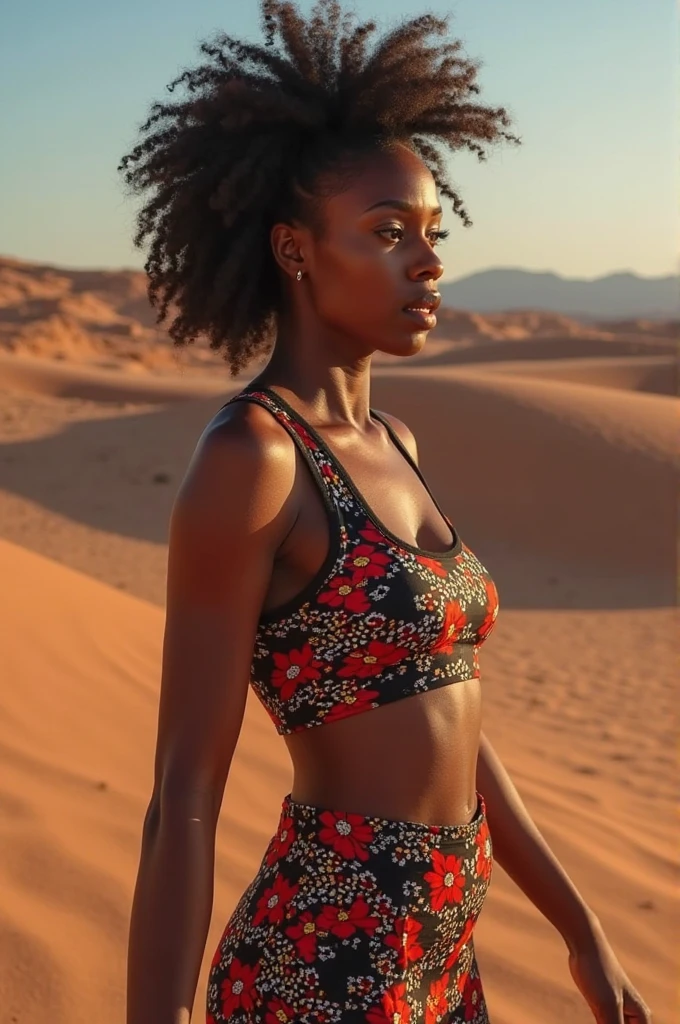 1woman, solo_zimbabwean_female, solo, alone, 22-years-old, adult, grown_up, curly_short_blonde_hair, hazel_eyes, ebony_skin, white_sports_bra, white_sports_shorts, smirking, toned_abs, six_pack, toned, muscles, perfect_body, perfect_face, small_breasts, walking_in_desert_road, sunset_scenery, red_sky_scenery