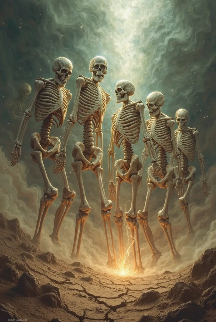 several skeletons rising, restoring themselves, coming back to life, windy, realistic, night time,