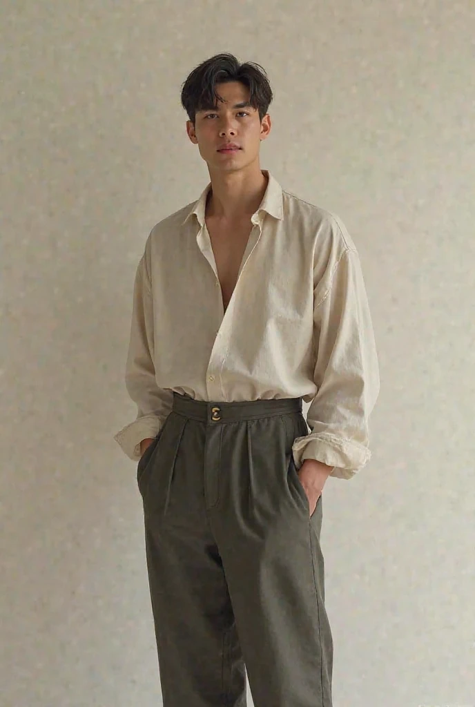 A young male twink with a make-up face and black hair. He is wearing a white long-sleeved shirt and brown pants. He is in the Museum of Historical Antiquities, looking proudly.