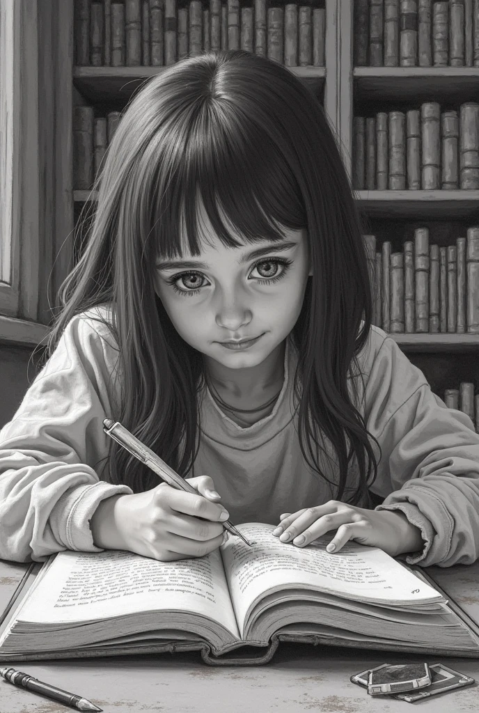 child girl, olhos pequenos, sala de aula, high resolution, 4k, desenho de fantasia, pencil strokes, preto e branco