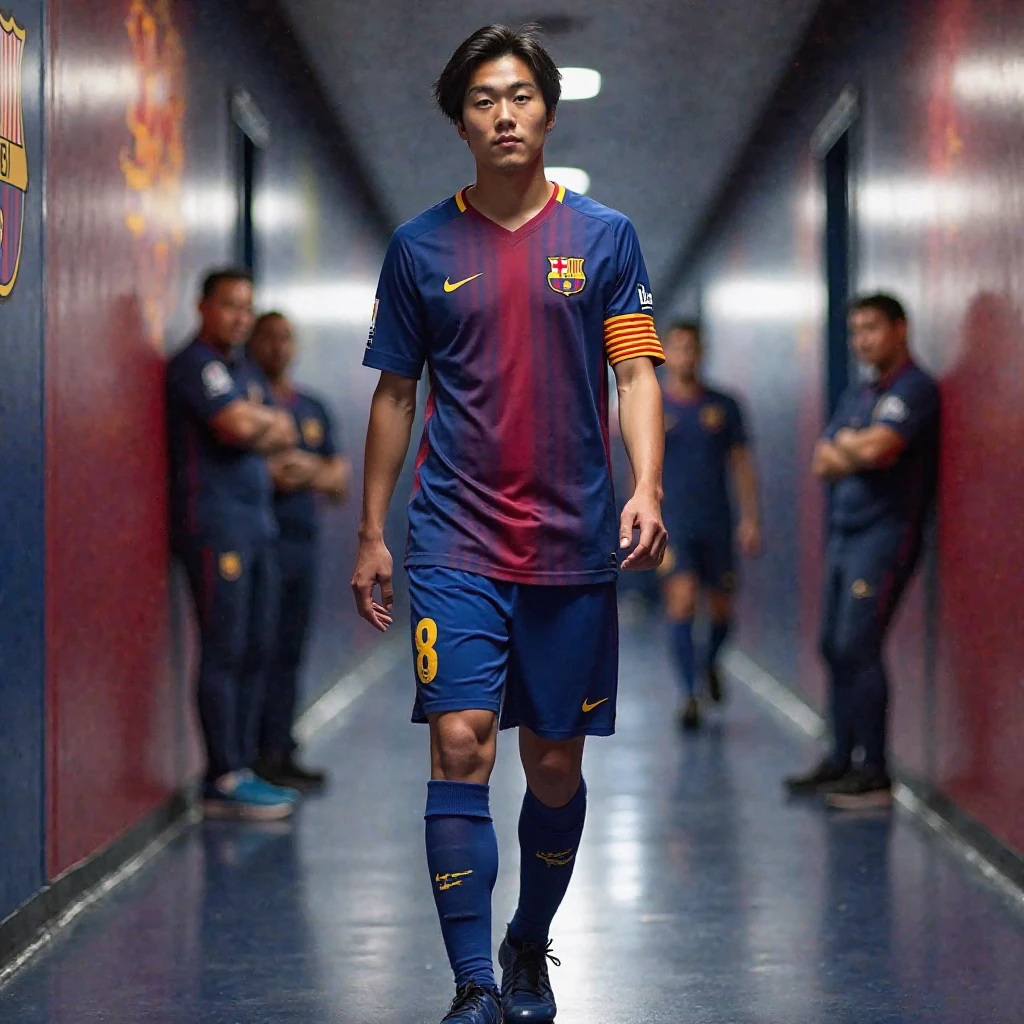 {{{FC Barcelona}}}, light, {{nike soccer jerseys}}, {{{best quality}}}, {{{realistic}}}, Detailed facial description, realistic 눈동자, Handsome man, realistic 유니폼 주름, well proportioned, Sponsor&#39;s name is Spotify, black hair, Champions League