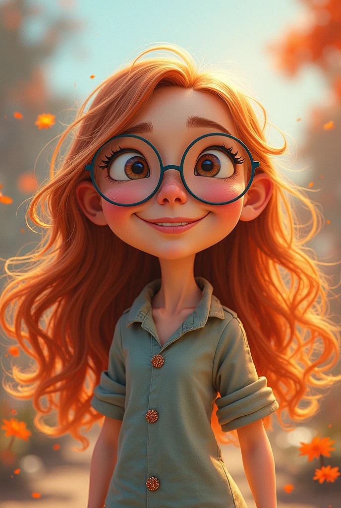 Disney pixart, smiling with round glasses and long hair