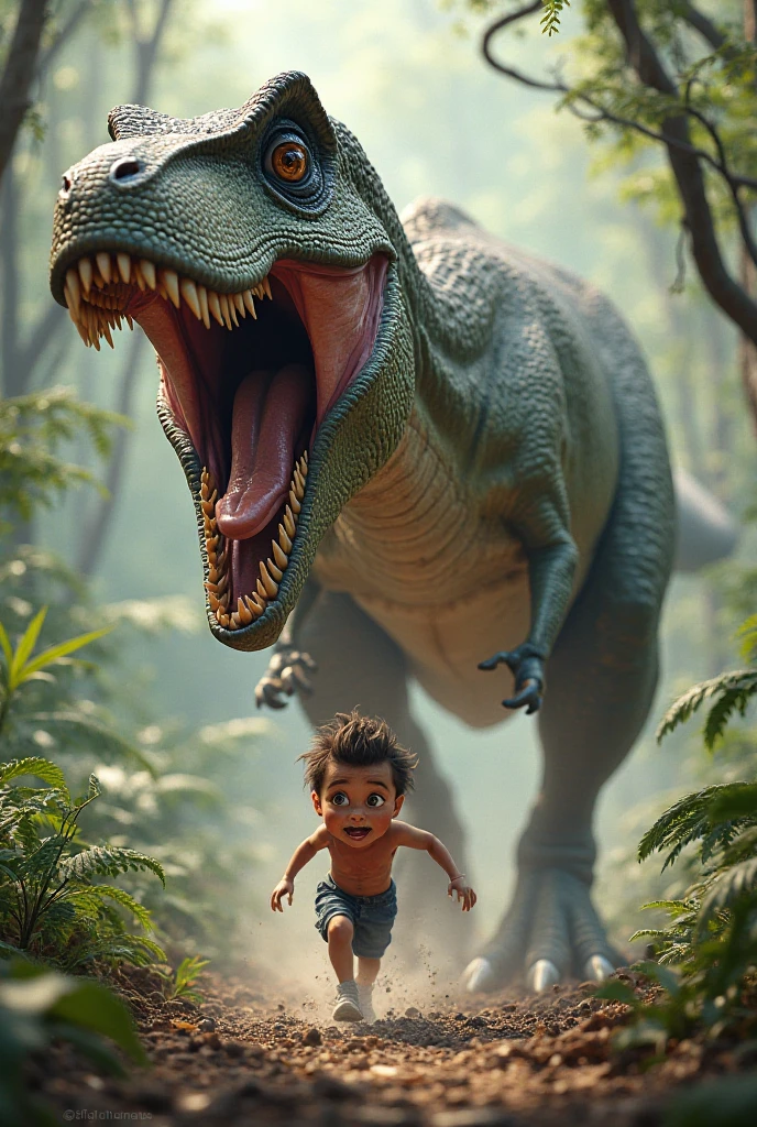 A boy with a Venezuelan flag on a dinosaur rex