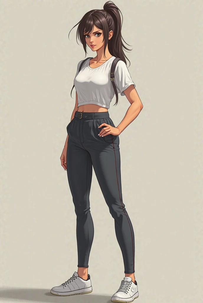 Score_9, Score_8_up, Score_7_up, 1 girl, black hair, black eyes, curvy figure, smile, red lips, big bust, short jacket, yellow blouse, blue yoga pants, barefoot, walking, simple background, white background,