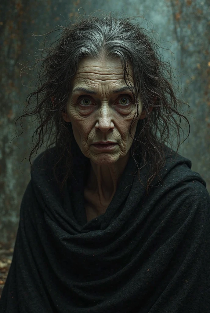 Create a card of an old woman with a metal bottle in her hand with a thin and marked eyebrow with a child desperate to attract Evil old woman 