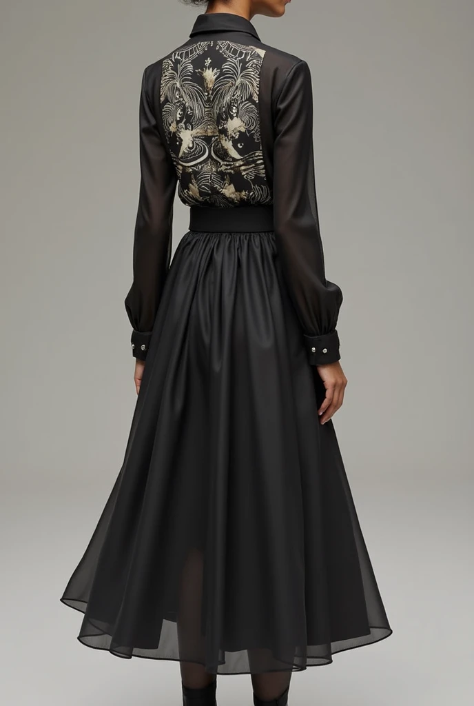 Black long-sleeved blouse with gold details and a full tulle skirt with tights and ankle boots