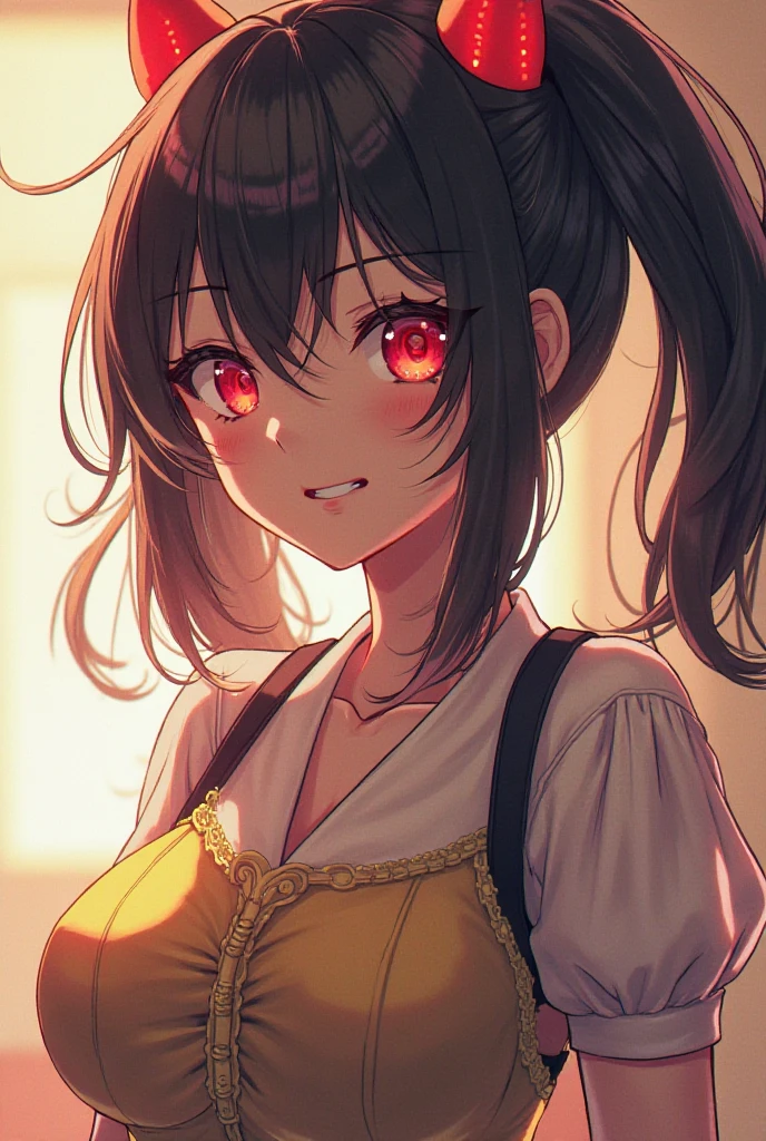 (masterpiece, highest quality:1.2),figure,8k,hd,1 girl,alone,superiorper body,portrait,length_hair,black_hair,ribbon,clavicle,hair_ribbon,yellow_eye,Japanese_Clothes,choker,dark_skin,red_ribbon,dark-skinned_woman,twin tails,very_length_hair,ribbon,two_~ side_superior,black_kimono,hair_bow,hair_ribbon,sash,sandals,