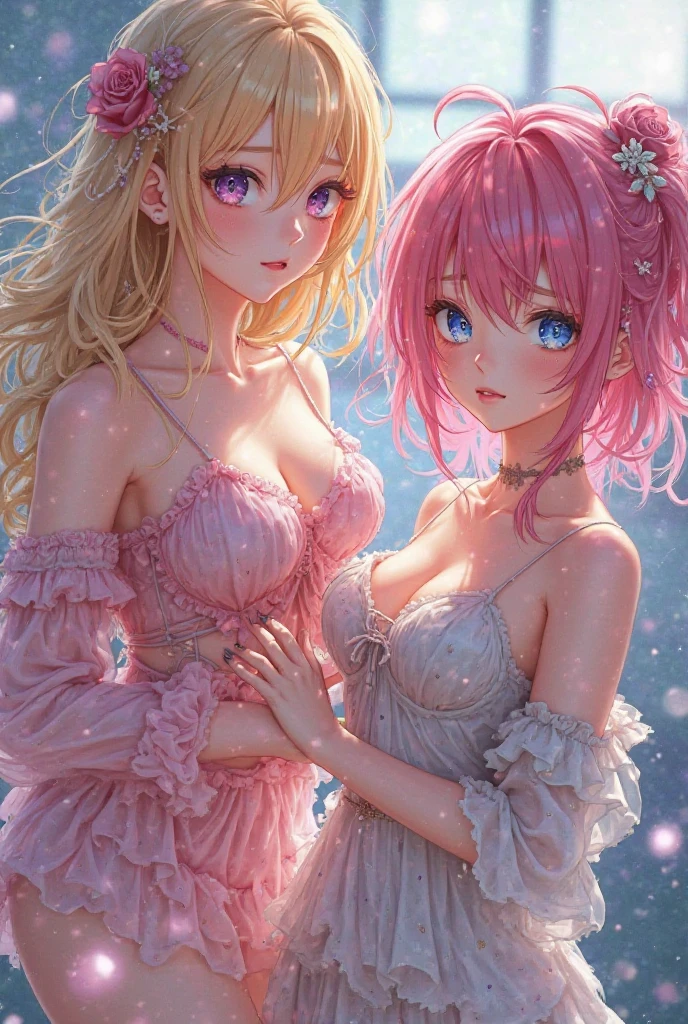 shoujo-style, (2girls:1.3), couple, blonde hair, pink hair, solo, long hair, light green eyes, mascara, makeup, kooking at viewer, collarbone, cleavage, forehead, very long hair, closed mouth, detailed eyes, (close up), gleaming skin, shiny glossy skin,