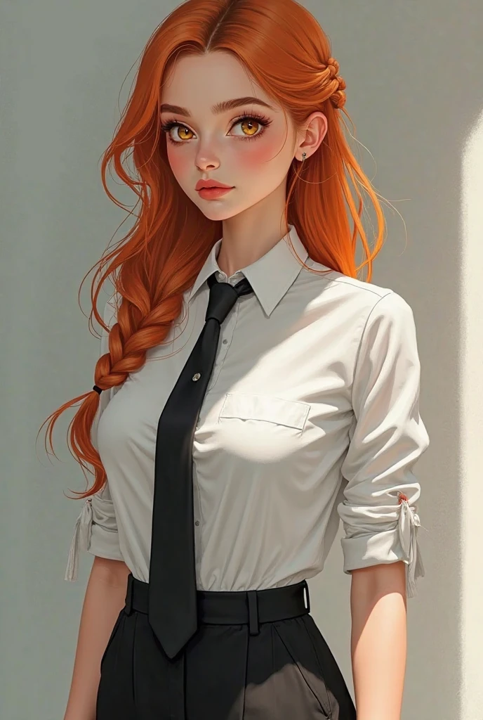 adolecent, best quality, ultra detailed, redhead, yellow eyes, makima, electric saw man, anime, black tie, hair with braids, transparent blouse