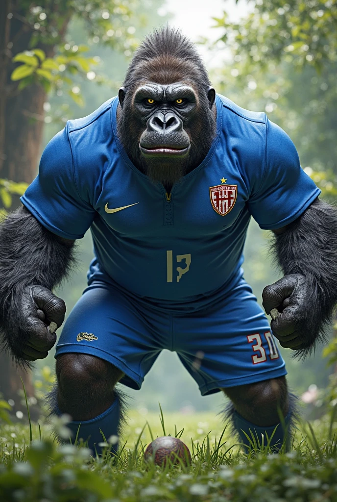 Create an angry gorilla wearing the Boca Juniors club shirt with horizontal stripes.