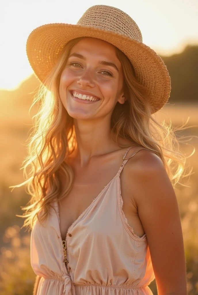 ((hyperrealistic, photorealistic, 8k, intricate details)) 1 attractive brunette woman (hot), beautiful peasant, 20 years old, fleshy lips, large breasts, face with small freckles, silky skin, blue eyes (sparkle in the eye), curly hair, a light dress, she smiles (shows her teeth) while sitting under a wagon that takes her down a road amid the strawberry fields during the day (sunny morning), masterpiece, best quality, ultra detailed, solo, outdoor (warm hue, warm tone): 1.2), close-up, cinematic light, soft side lighting, ultra high resolution, best shade, RAW, upper body, harvesting.