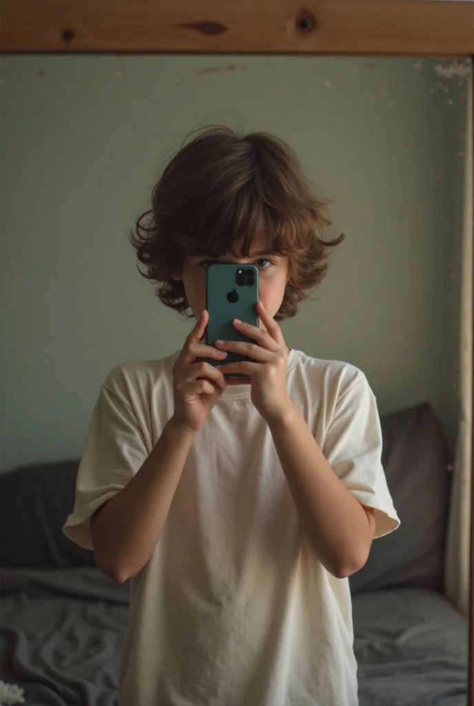A realistic image of a 14-year-old boy taking a photo in front of the mirror with an iPhone 13