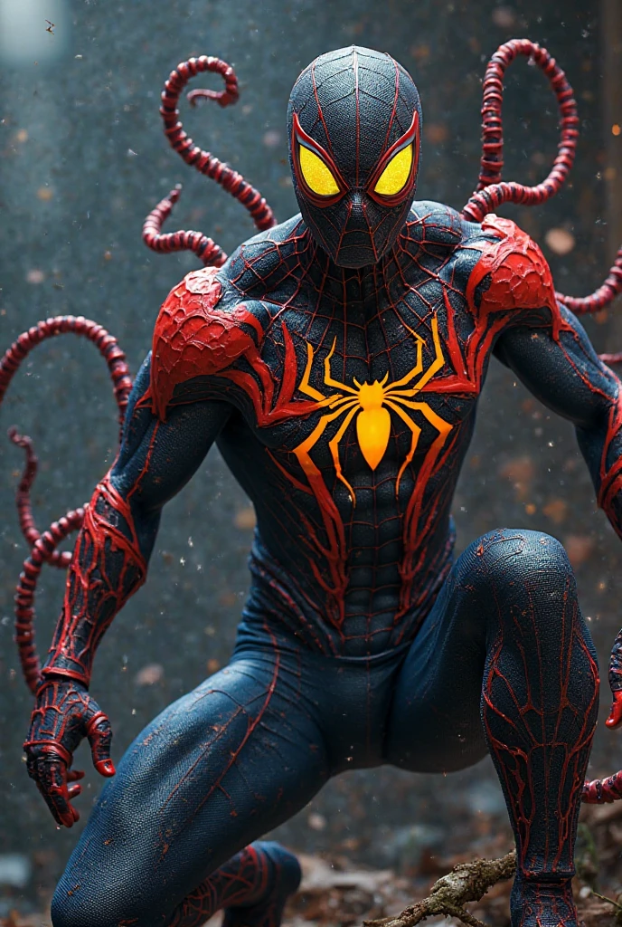 「Dark and eerie night city background、Spider-Man's iconic red and blue suit has been completely taken over by Venom's black symbiote.、It has transformed into a horrible sight。The entire suit has a jet black luster.、It moves smoothly, almost as if it were liquid and alive.。On the chest is the white spider emblem, the symbol of Spider-Man.、It is depicted in a sharply distorted form.、Entangled in a black symbiote。The eyes shine eerily sharply、Unlike regular Spider-Man eyes、It emits a cold light like a wild beast.。
Behind him are countless tentacles of the symbiote.、It stretches and undulates like a living thing.、At the tip of the blade is a sharp claw。The tentacles wrap around the surrounding buildings.、Moving as if trying to catch prey。Spider-Man's pose is aggressive、The hands that have taken on the shape of claws are sharp.、I'm about to tear something apart。The whole atmosphere is gloomy、The film emphasizes how Spider-Man, a dark hero, descends into evil under the influence of Venom.。」
