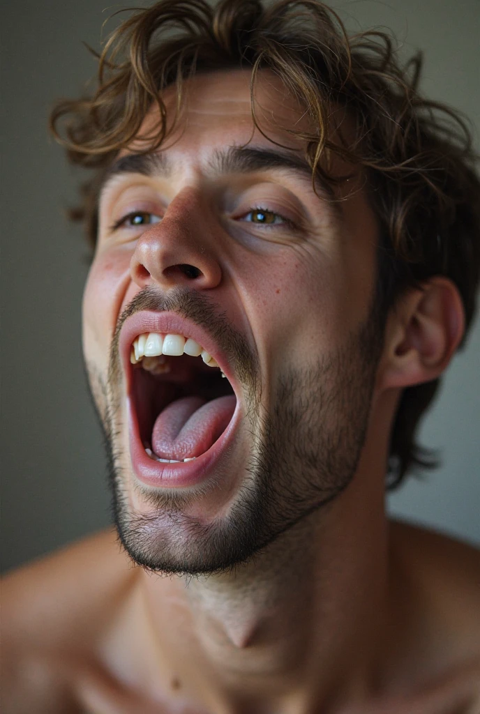 Serious man with an expression of pleasure with his mouth open and tongue out