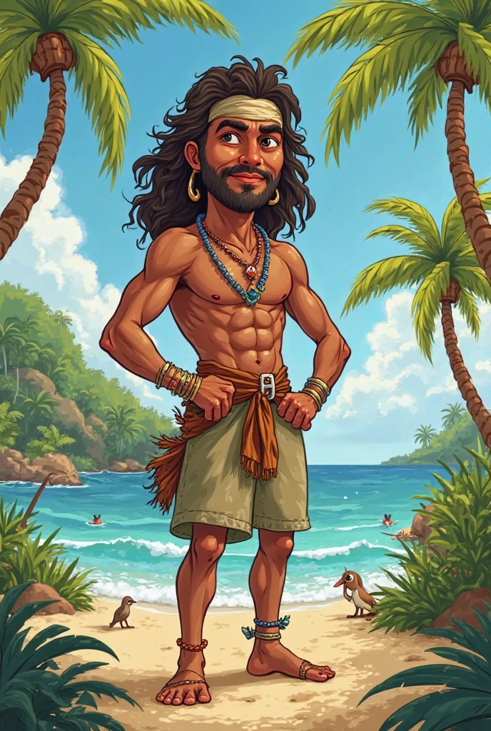 Denver, 1 male,handsome face,Perfect body,Disney art style,face, looking at the audience,naughty,Wearing animal fur,primitive tribe,headgear,totem,hula spear,coconut tree,desert island