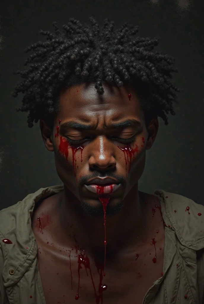 Undead Entity. Appearance: A 20-year-old African zombie with a distorted and devilish expression. His face is contorted into a menacing smile, revealing sharp teeth and deep, sunken eyes. Clothes: wears a tattered red gnome-style hat and equally tattered red shorts. He is shirtless, with a stamp in his hand, he has only one leg. Background: Once a young African man, he succumbed to a mysterious and sinister force that revived him like a zombie. Driven by an insatiable hunger and a twisted sense of fun, he wanders the dark forest, looking for unsuspecting victims to torment and devour. Likes: Inflicting fear, tormenting others, causing chaos. occasional garbled words mixed with malice