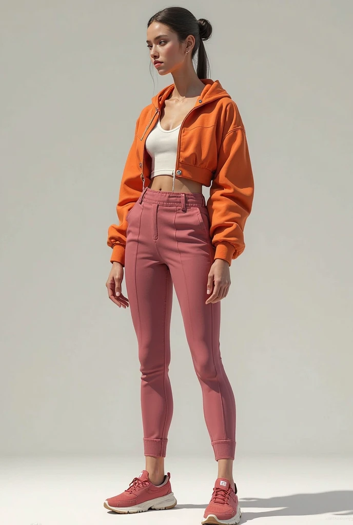piece of gym clothing with a minimalist design, jovial, Sleek and technological, with the name: ELEVATE, with warm and neutral tones, na horizontal.
blouse, jaket, short, legging, croped