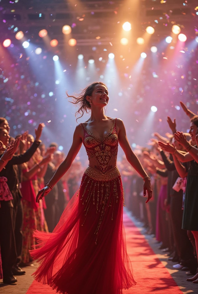 (highres:1.2), vibrant colors, stage lights, dancing, joyful expression, lively atmosphere, brunette woman, dancing on the Disney stage