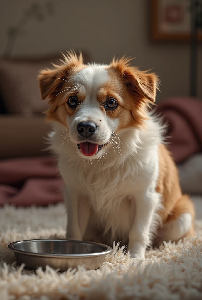 Na imagem, There is a dog with a very cheerful expression. It is positioned just in front of a feed pot. The dog appears to be bouncing and sticking its tongue out, which is a sign of excitement. The feed pot seems to be full of food, and the dog is clearly eager to eat it. The scene conveys a sense of happiness and satisfaction, indicating that the dog is about to enjoy a delicious meal.