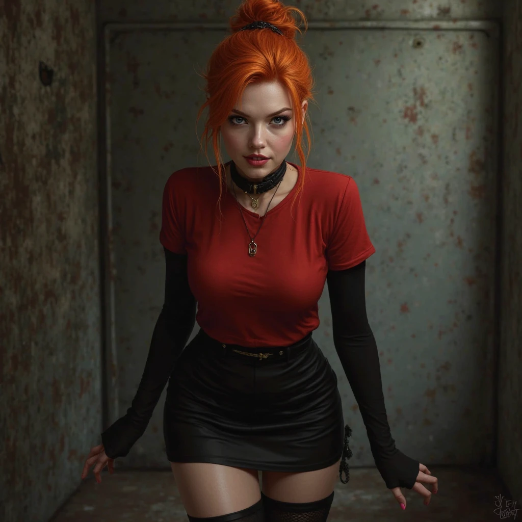 45yo busty Claire Danes. (Dark red hair) (short hair) (My so-called life), sexy, (long wool socks), (red socks), older, (black skirt)