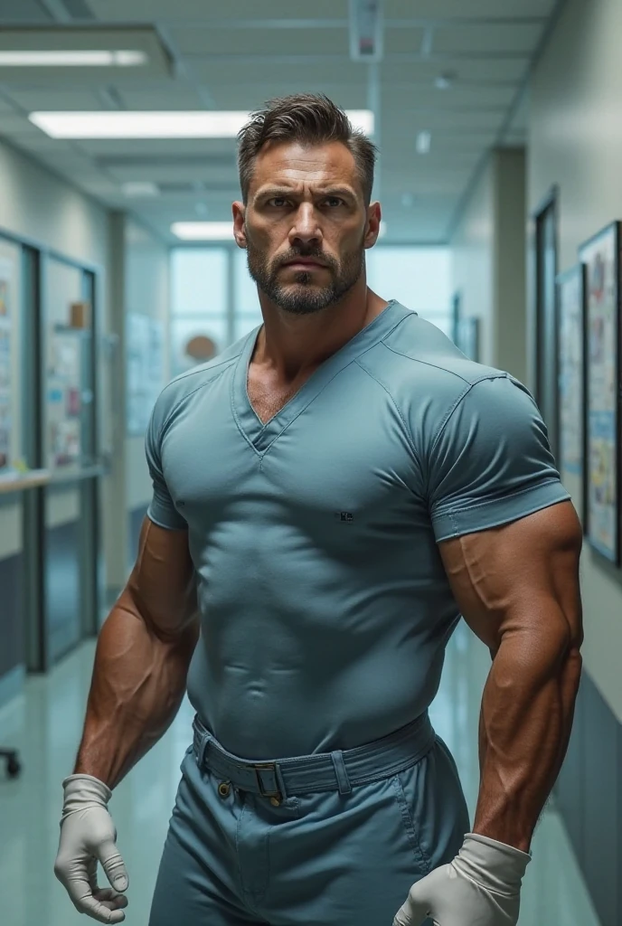 masterpiece, denoise, void noise, best quality, 8k resolution, male focus, focus only, bright light, amazing composition, volumetric lighting, super quality, elegant, Very detailed, (front view) (very well lit bedroom, open curtains), -----, 35 years old, mature face, muscular, thin body, handsome, (detailed light-gray eyes, detailed eyes), (((light blonde hair, medium lenght hair))), ((big ears)), (((furry pectorals, thick plenty chest hair))), ((pale skin)), (((Medium length beard))), (((((Russell tovey detailed face))))), -----, ((((brown trousers)))), (((white lab coat))), (((furry hairy pectorals))), (((Opening lab coat))),