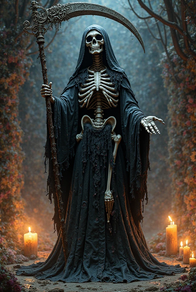 A skull with its body covered in muscles in a cemetery garden, wearing an open black cloak with a chain , with a skull pendant closing the collar of the cape , in his left hand scythe and holding a human head by the hair in his right hand, with a black kitten on his shoulder.