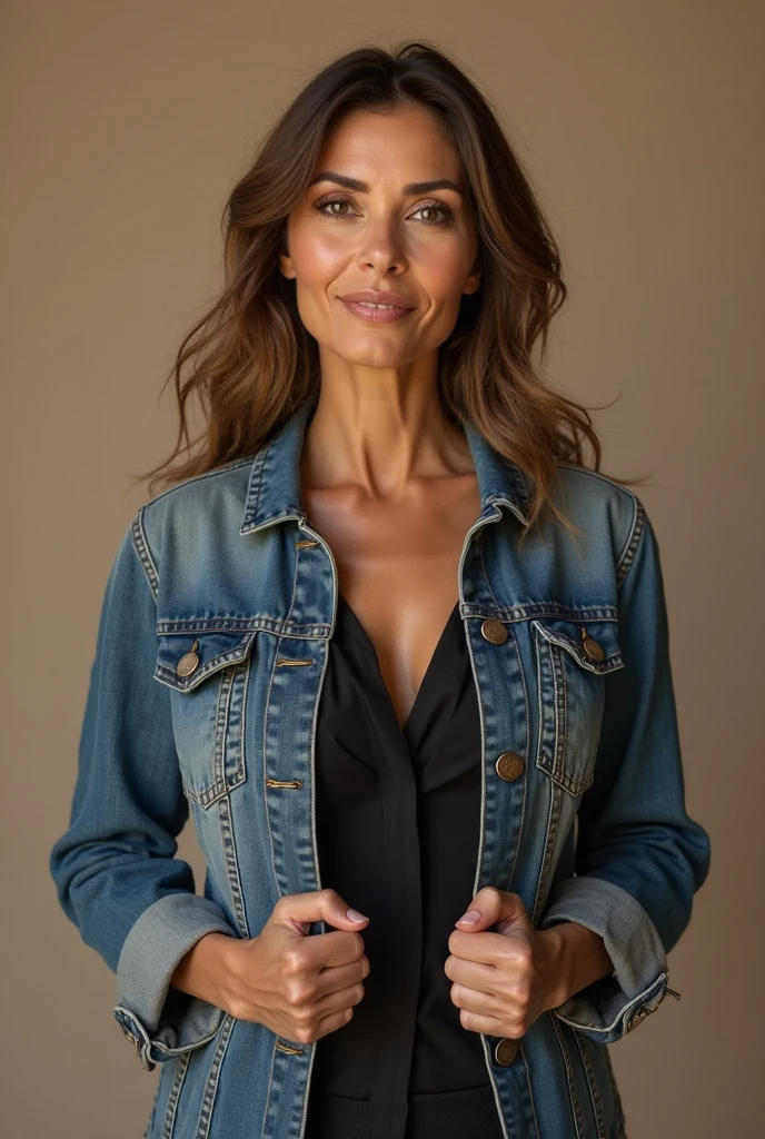 Bridget Moynahan wearing low-cut fall clothes and smiling