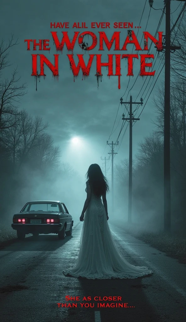 enokaeva, <lora:EnokaevaXL2:0.7>,Poster style, 80s movie poster for a horror movie titled "PRUDITY" a Rob Zombie movie, ( 80s movie poster, retro style), directed by Rob Zombie, a woman in white mormon clothes, with blood splatter, translucent body, backlightfog, night, medieval Church, foggy graveyard, horror theme, noir style, muted colors