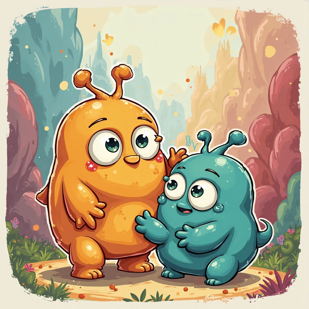 Create an image for story books 
Ellie realized that sometimes things that seem scary can turn out to be wonderful, and true friendship knows no bounds where is Monste Benny can you make a monster Benny in brown colour  big monster and bit chubby make both are happy together 