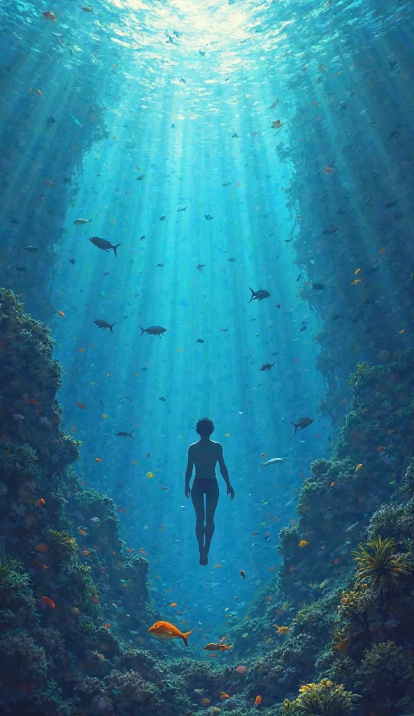 a parallel world In which one girl is alone and swimming in a deep ocean and aliens looking from sky