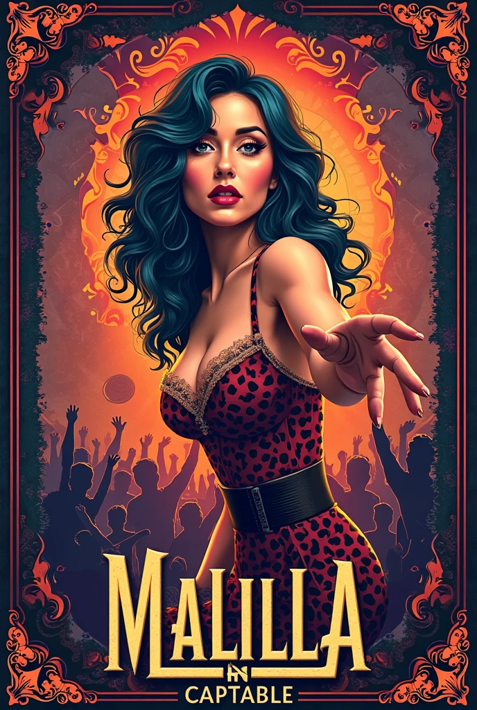 lwsh, (advertising poster) of Moulin Rouge show, illustration of a cute woman, showing The Feathery Femme, A feathered bodysuit with a plunging neckline, paired with high-waisted shorts and feathered headdress