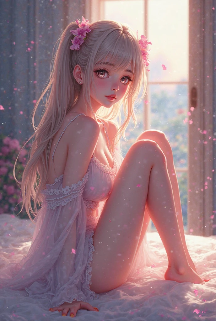 (((masterpiece))), (((highest quality))), ((Very detailed)), (Detailed light),((Very delicate and beautiful)),illumination, girl, Sparkling, pastel colour,Bright colors, beautiful girl, Sharp focus, Depth of written border, Large Breasts, Long Hair, Ribbon in hair, Beautiful appearance, Beautiful Eyes, smile, White panties, White Summer Dress, girl's room,be quiet
