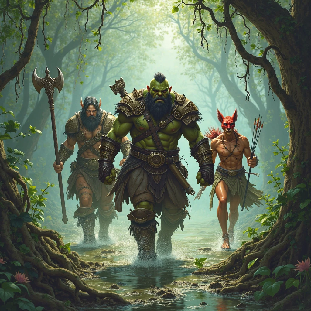 there is a painting of a big troll with a hammer in his hand, bugbear, bugbear ranger, raging bugbear, epic full color illustration, grog strongjaw, fur-clad barbarian goliath, a druid, gnoll, tyler edlin fantasy art, troll, humblewood art style, high fantasy illustration, druid warrior, amazingly detailed d & d art,arc ,hache as deux main ,énergie bleu
