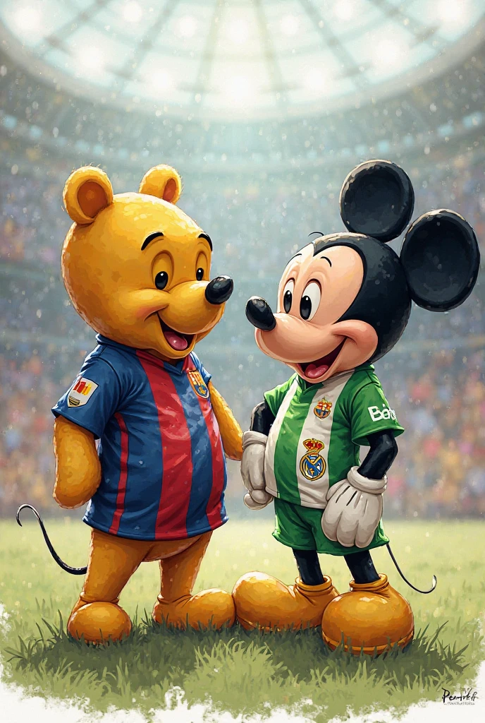 Make Winnie the Pooh with a Barcelona shirt shaking hands with the Joker with an Atletico Madrid shirt and in the background there is a football stadium with a lot of smoke.