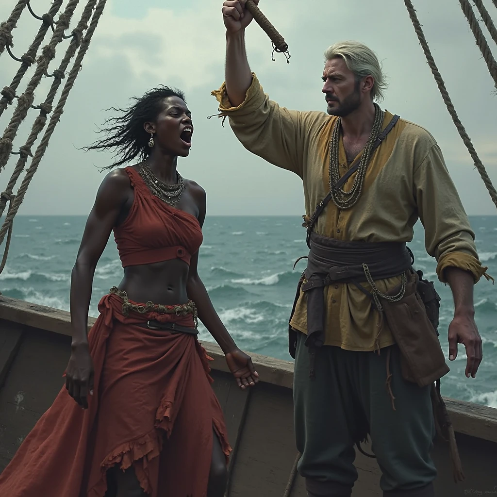 (((absurdists))), (((best quality))), (((masterpiece))), muscular 35-year-old African couple, Zulu warrior, man and woman, perfect and proportionate body, black-skinned man wearing brand clothes and many necklaces, sailing on a makeshift boat, ((the boat is made from a red brass barrel and a lot of junk)), she is sweaty and her black skin glows under the scorching African sea