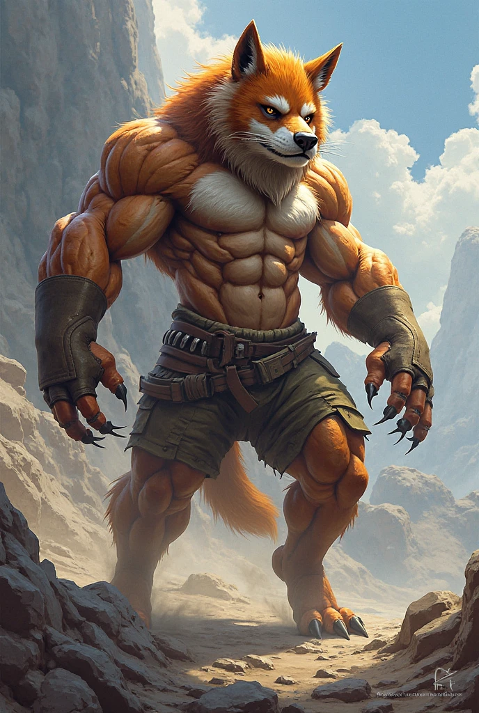 A human army officer (((((partially transformed))))) into an (anthro muscle red fox) on a beach. (((human legs))), ((human feet)), (shocked expression), (ripped clothing), broad shoulders, big biceps, (((big feet))), (detailed red fox face), male focus, detailed eyes, high quality, best quality, concept art, photorealistic, (((midtransformation))), Mid transformation, Masterpieces, furry, male, Anthropomorphic, red fox, blue eyes, black mark, veiny, thin body, age 20, Delicate eyes, furred body, war veteran, anime, on a beach, perfect lighting, light particles, (best quality), (masterpiece), (ultra detailed), sharp focus, light particles, detailed barren background, green military, black polo, fierce look, soldier look, full body, eight pack abs, on all four, torn boots, ripped clothes Looking is right hand, A huge bulge in the crotch pants,