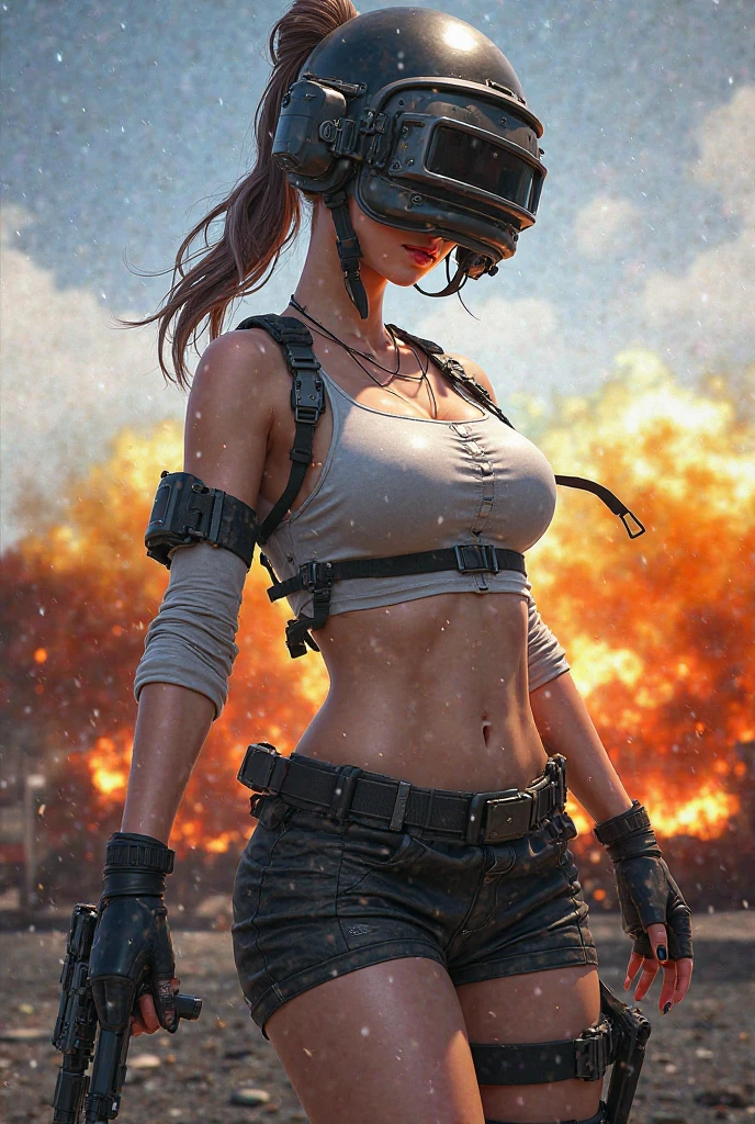 High quality, 8K, detailing, Pubg game, Young woman, 25 years, sexy, neckline, lush breasts, cute face, blonde, pretty, debris, weapon, Battlegrounds, battle royale, elements from the game pubg, looks like pubg game, weapon в руках, explosions, flame, helicopter, shorts, UAZ,