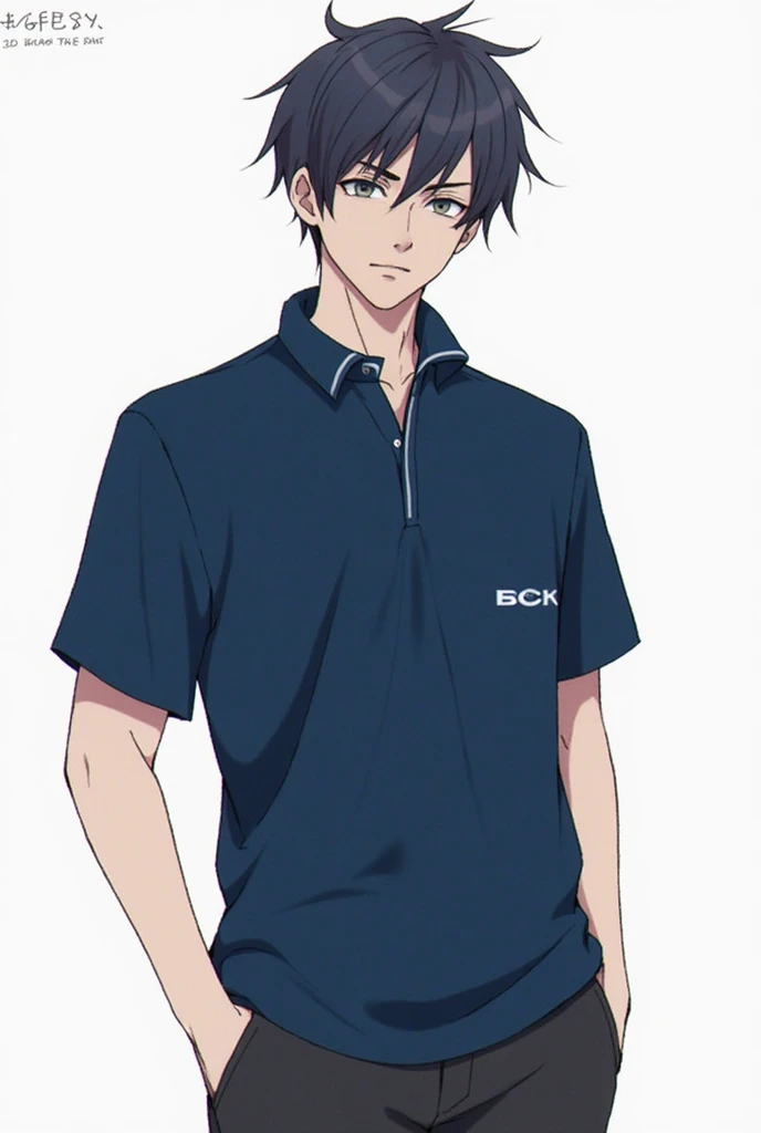 a blue and white polo shirt with a blue and white logo, concept art inspired by Tōichi Katō, cg society contest winner, sots art, shirt design, short sleeves, wearing a dark blue polo shirt, 3/4 front view, wearing polo shirt, t shirt design, tshirt design, blue uniform, 2 5 6 x 2 5 6 pixels