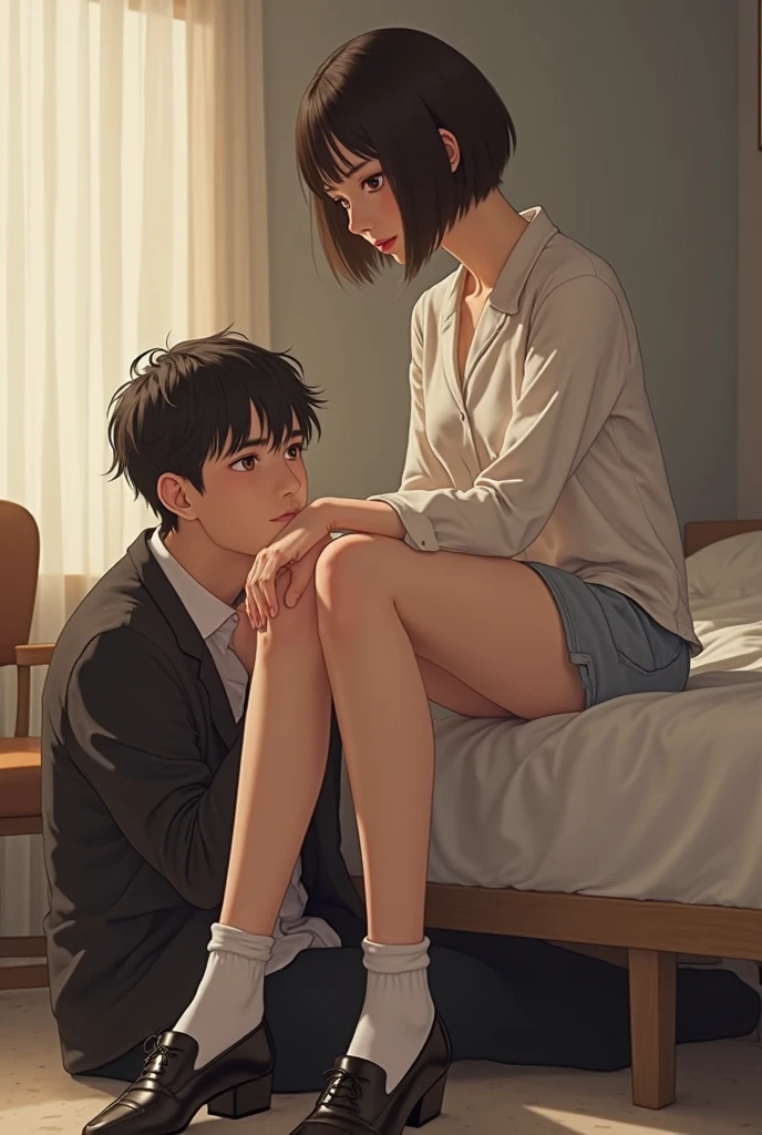 A Korean long-legged sister and a high school boy make out in the office,My sister is sitting on the sofa wearing high heels,Boy in vest sitting on sister's lap,Sister touches boy's chest with both hands