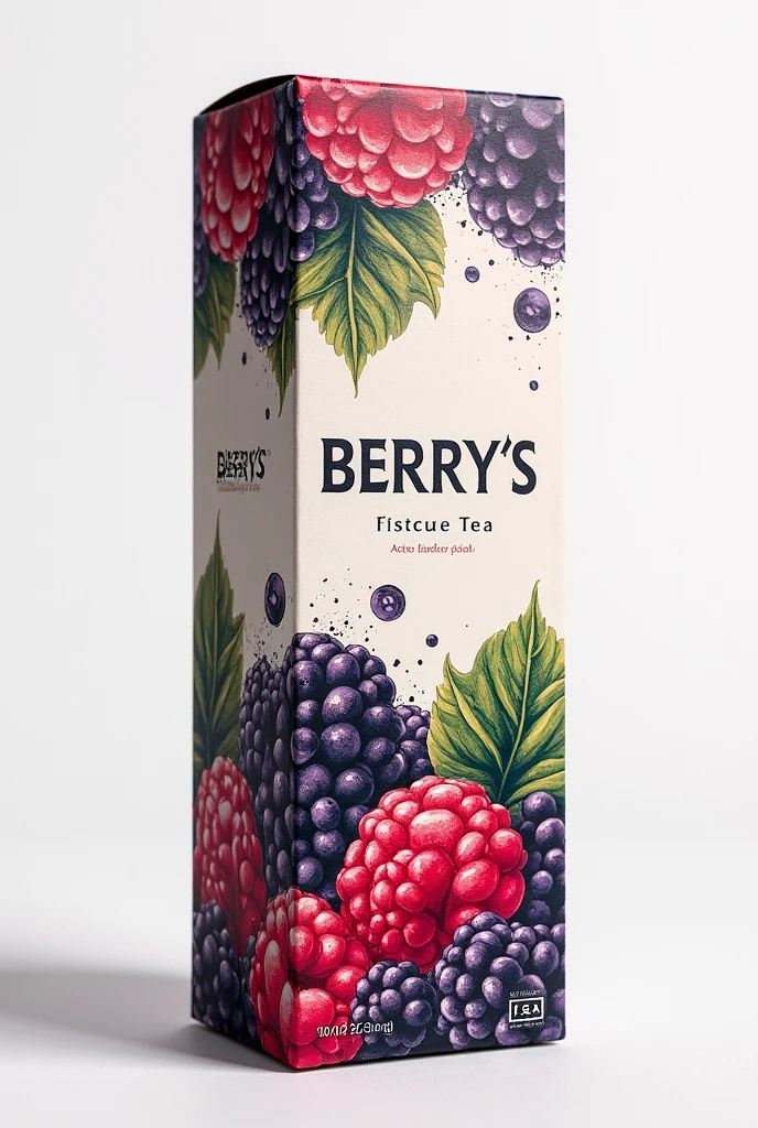 A high-quality, visually appealing forest berry tea packaging design under the 'BERRY'S' brand. The transformation should incorporate controlled inpainting and extending techniques, ensuring that all visual enhancements remain strictly within the packaging boundaries. The design should feature rich, hand-drawn or watercolor-style illustrations of raspberries, blackberries, and other forest berries, seamlessly blended into the existing aesthetic. The brand name 'BERRY'S' must be prominently displayed and harmoniously integrated into the packaging design. Use a refined color palette of deep purples, vibrant reds, and lush greens to emphasize the freshness and organic essence of the tea. Maintain a clean, sophisticated, and modern look while enhancing the texture and visual depth of the packaging.