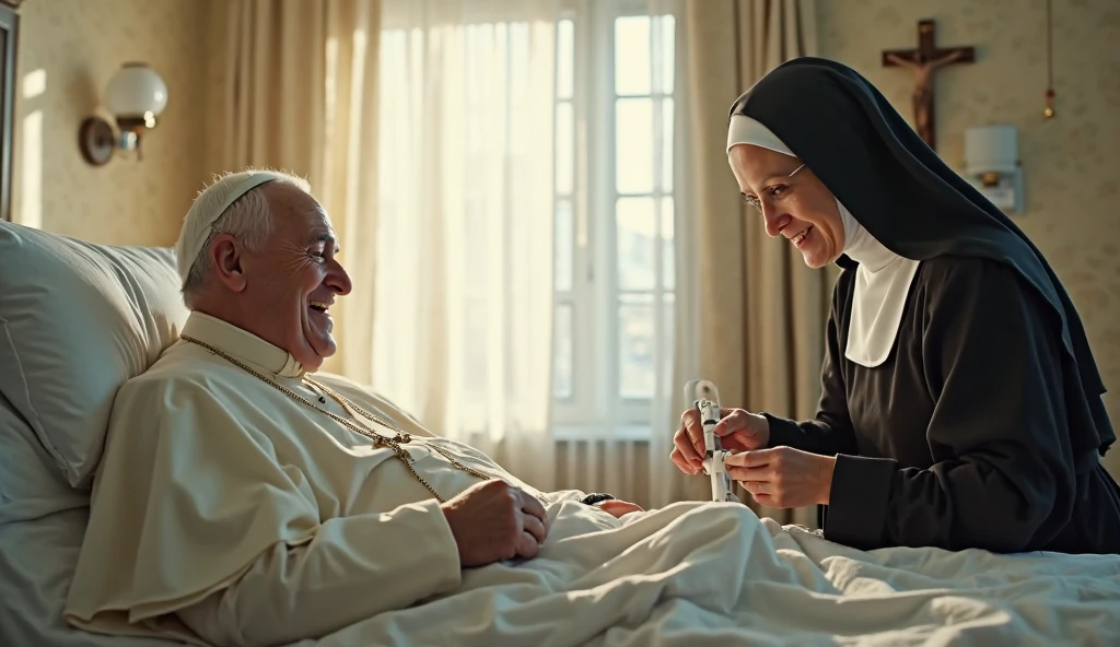 The movie star scarlett johansson dressed as a sexy nurse, kissing an ugly 99-year-old Peruvian man. On the sofa