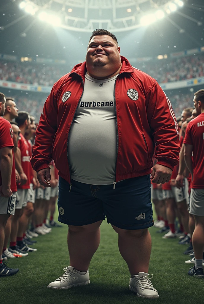 Typical British holiday-maker, pub, fat belly, middle-aged, bald and sweating, wraparound sunglasses, scowling at viewer, miserable looking, fat neck, wearing baggy Arsenal football shirt and long baggy shorts, badly sunburnt head