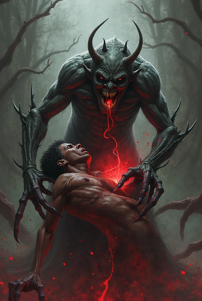 A half-man, half-goat demon is biting a human's neck.