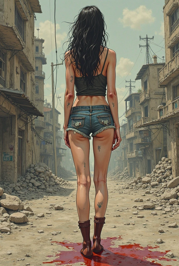 Yael Shelbia (beautiful and bold, seductive and attractive, blue eyes, pointed breasts, short torn dress, boot, short glove, thick legs). (deserted road, dirt road, smoke, abandoned cars, newspapers, abandoned objects, bodies lying on the ground, abandoned road, twilight, apocalyptic abandoned city scenery, cinematic effect), (Best quality, masterpiece, depth of field, Full HD, 4K, richness of detail). Film style