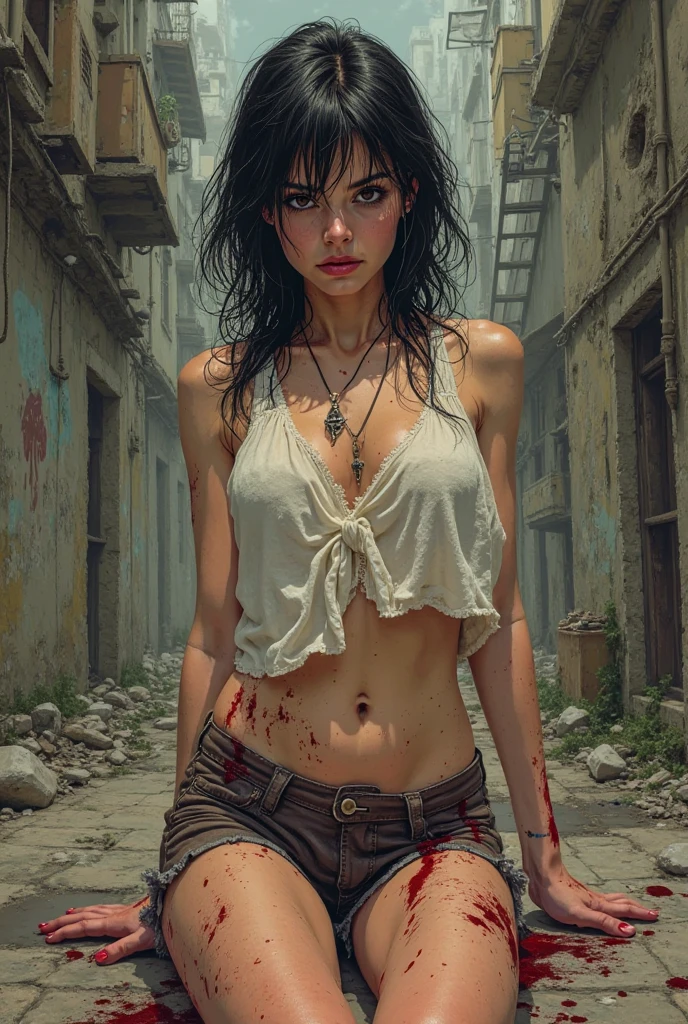 Yael Shelbia (beautiful and bold, seductive and attractive, blue eyes, pointed breasts, long curly black hair, sweaty body, open shirt, short shorts, long torn socks, boot, thick legs). (deserted road, dirt road, blood, smoke, abandoned cars, newspapers, abandoned objects, bodies lying on the ground, abandoned road, apocalyptic scenery, cinematic effect), (Best quality, masterpiece, depth of field, Full HD, 4K, richness of detail). Portrait style
