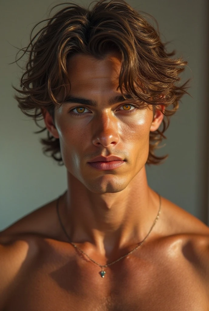 Beautiful handsome man with wavy hair to ssmooth hair in browns warmer side and sharp features and is wearing minimal gold jewelert like a bangle or a super simple chain shirtless trying to make eye contact