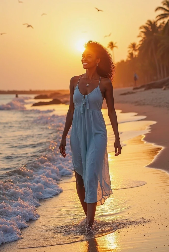 Naked black woman with afro hair walking happily on a beach.